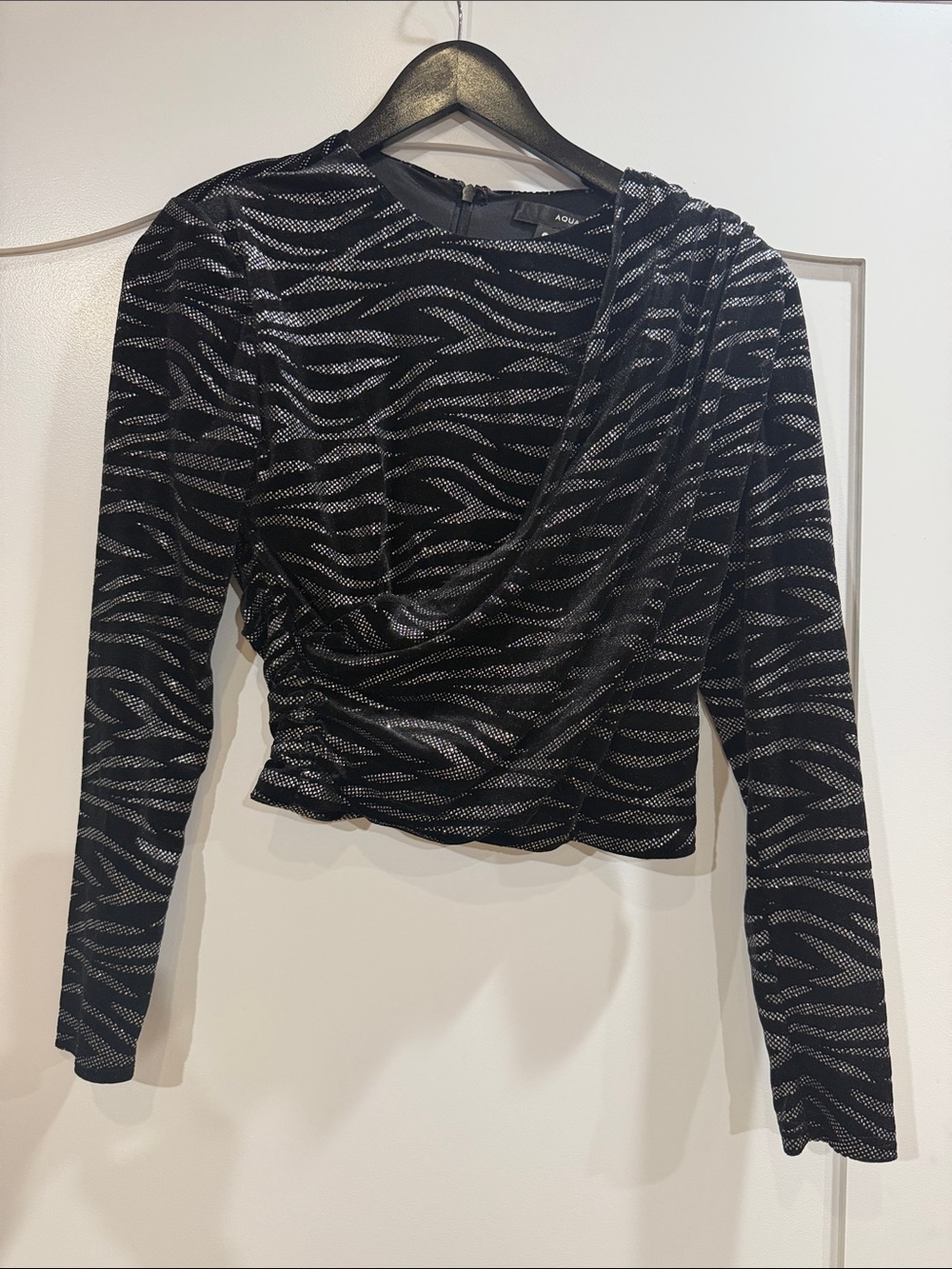 Aqua Black and Silver Zebra-Pattern Long Sleeve Draped Top